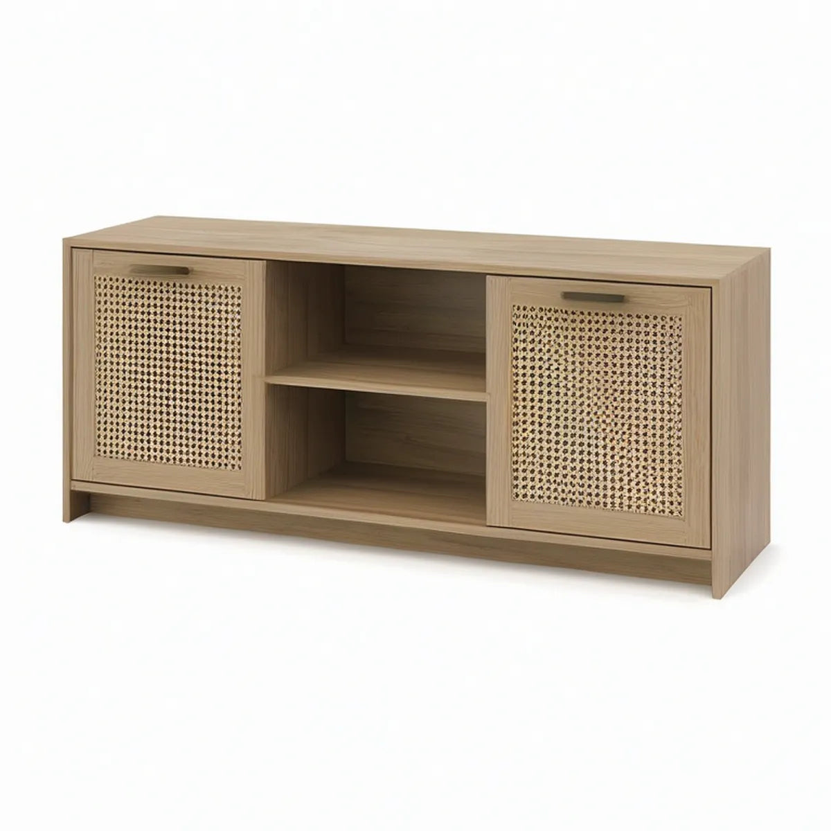 47.2 in Light Oak and Beige Rattan Media Console with 2 Doors and Open Shelves
