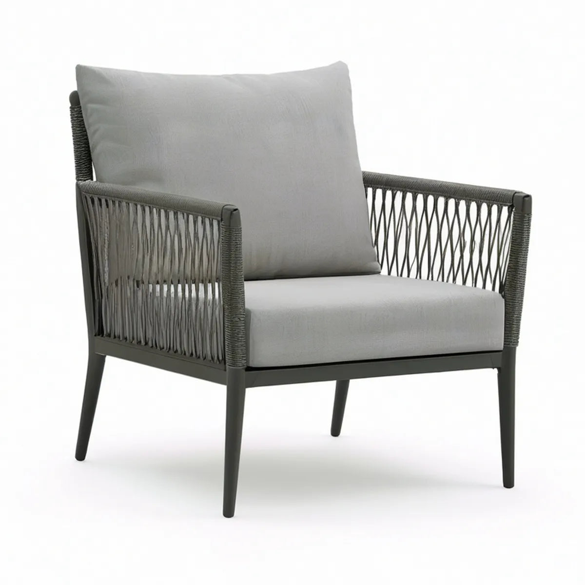 Outdoor Patio Armchair with Gray Cushions, Dark Gray Aluminum Frame and Rope Weaving, 28 x 30 x 34.5 in
