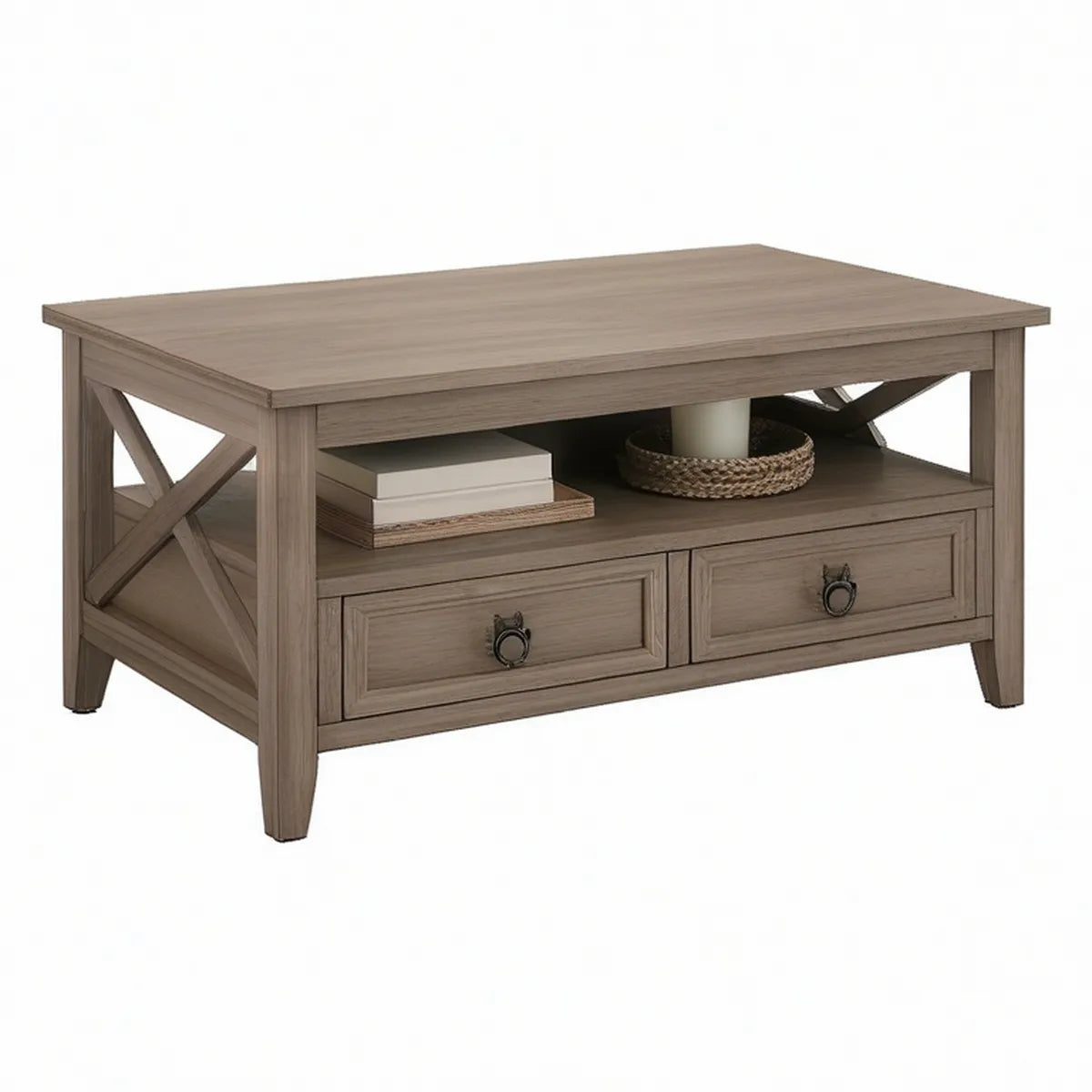 Farmhouse Gray Brown Coffee Table with 2 Drawers and Open Shelf, 48.13 x 26 x 19.13 in