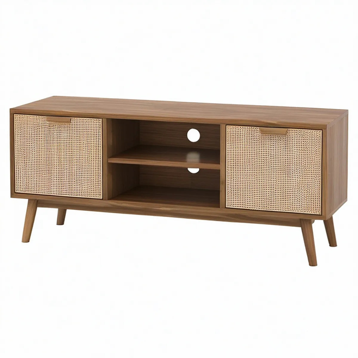 Mid-Century Modern Walnut TV Stand with Natural Rattan Doors, 59 x 15.7 x 23.6 in