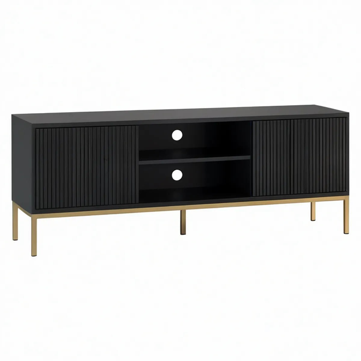 63 in. Black and Gold MDF Media Console with Ribbed Sliding Doors and Steel Legs