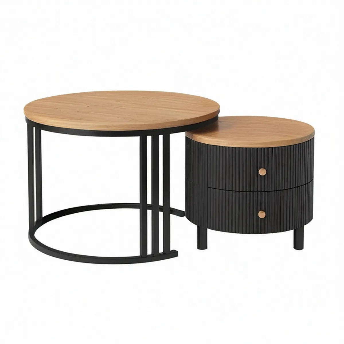 2-Piece Round Nesting Coffee Table Set with 2 Drawers, Oak/Black, 31.5 x 17.7 in and 23.6 x 15.7 in