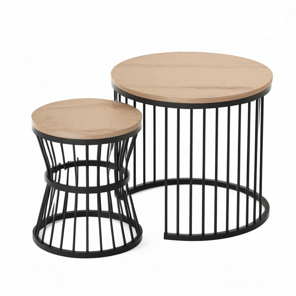 2-Piece Round Nesting Table Set, Light Oak and Black, Large 31.5 in. Diameter x 17.7 in. H, Small 19.7 in. Diameter x 16.5 in. H