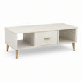 White Rectangular Coffee Table with Sliding Fluted Door, Natural Wood Legs and Gold Handle, 39.4 x 19.7 x 17.7 in