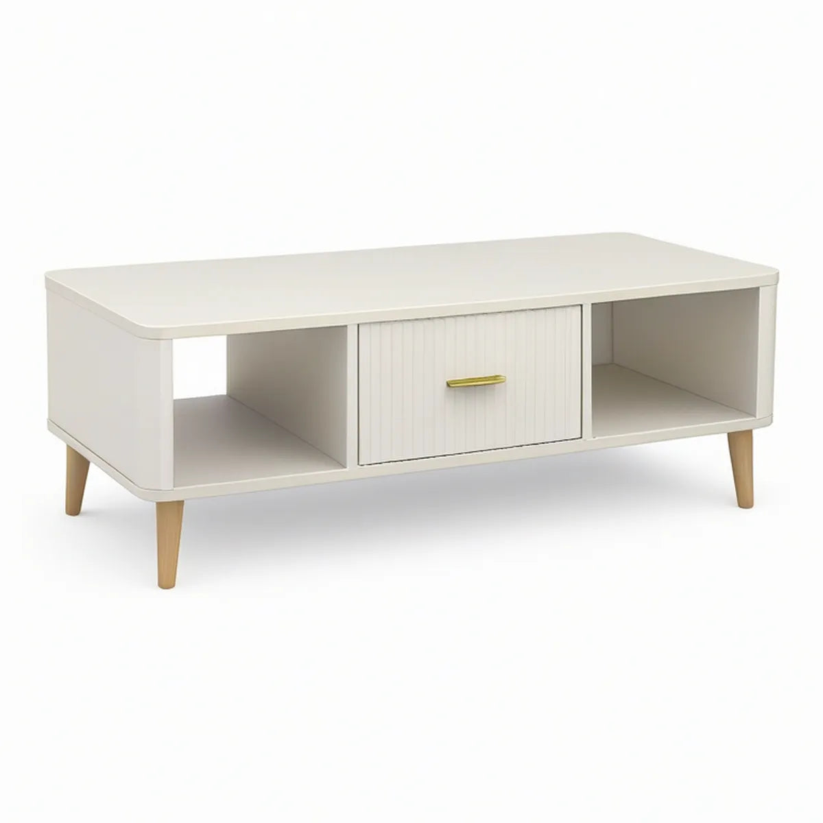 White Rectangular Coffee Table with Sliding Fluted Door, Natural Wood Legs and Gold Handle, 39.4 x 19.7 x 17.7 in