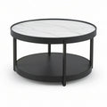 31.5 in Round Coffee Table with White and Gray Marble-Pattern Tempered Glass Top, Black Steel Frame and Storage Shelf
