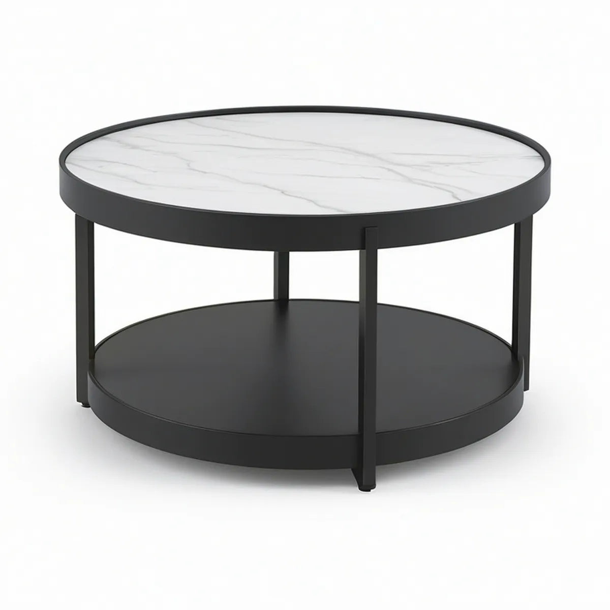 31.5 in Round Coffee Table with White and Gray Marble-Pattern Tempered Glass Top, Black Steel Frame and Storage Shelf
