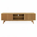 Natural Oak TV Stand with Sliding Fluted Doors, 63 in W x 16 in D x 24 in H