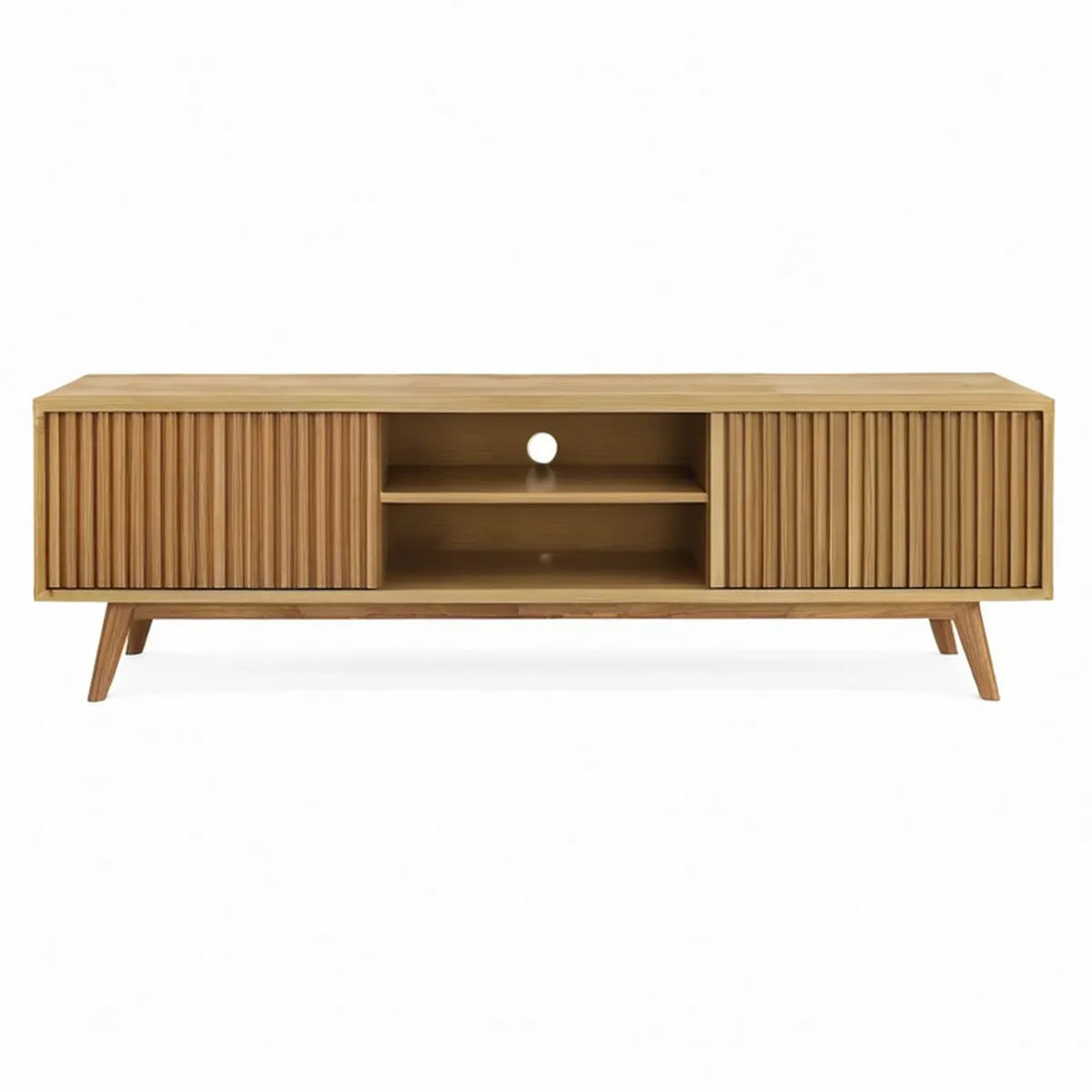 Natural Oak TV Stand with Sliding Fluted Doors, 63 in W x 16 in D x 24 in H