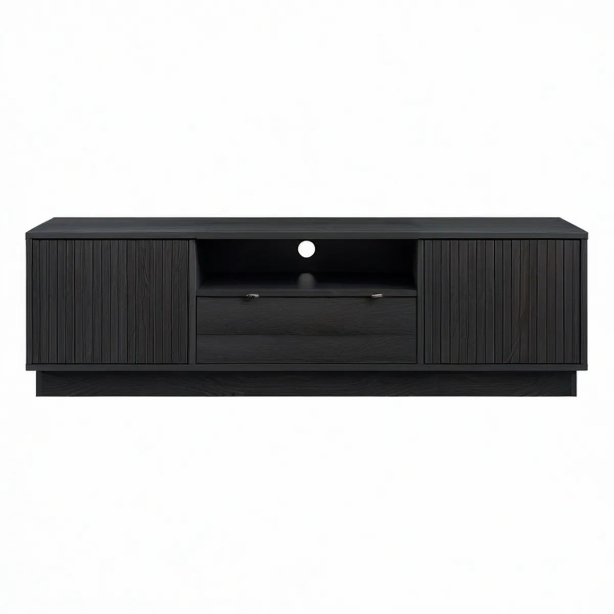 Black Fluted Wood TV Stand with Storage Cabinets and Cable Management, 70.9 x 15.7 x 21.7 in