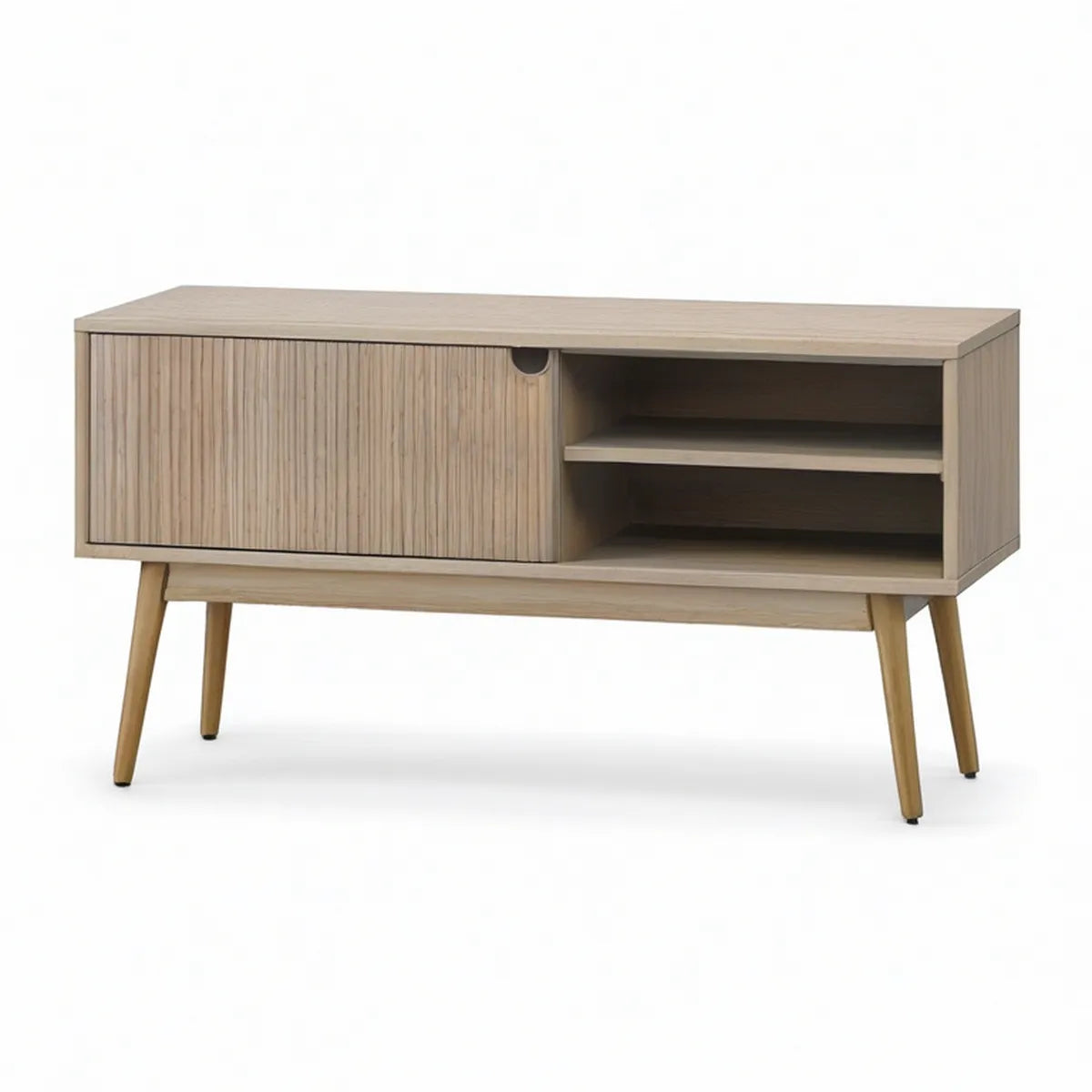 Natural Oak Sliding Door Media Console with 2 Open Shelves, 47.2 x 15.7 x 28.3 in