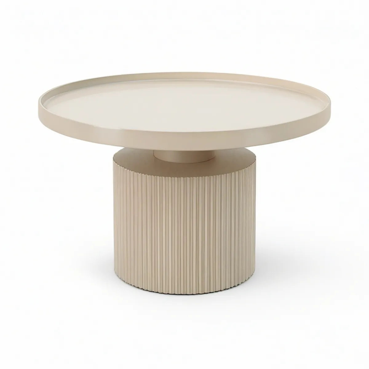 Beige Round Coffee Table, 31.5 in Diameter x 17.7 in High, Fluted MDF Pedestal Base with Raised Tray Top
