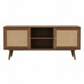 Walnut Brown Engineered Wood TV Stand with Natural Rattan Doors, 60 in W x 16 in D x 30 in H
