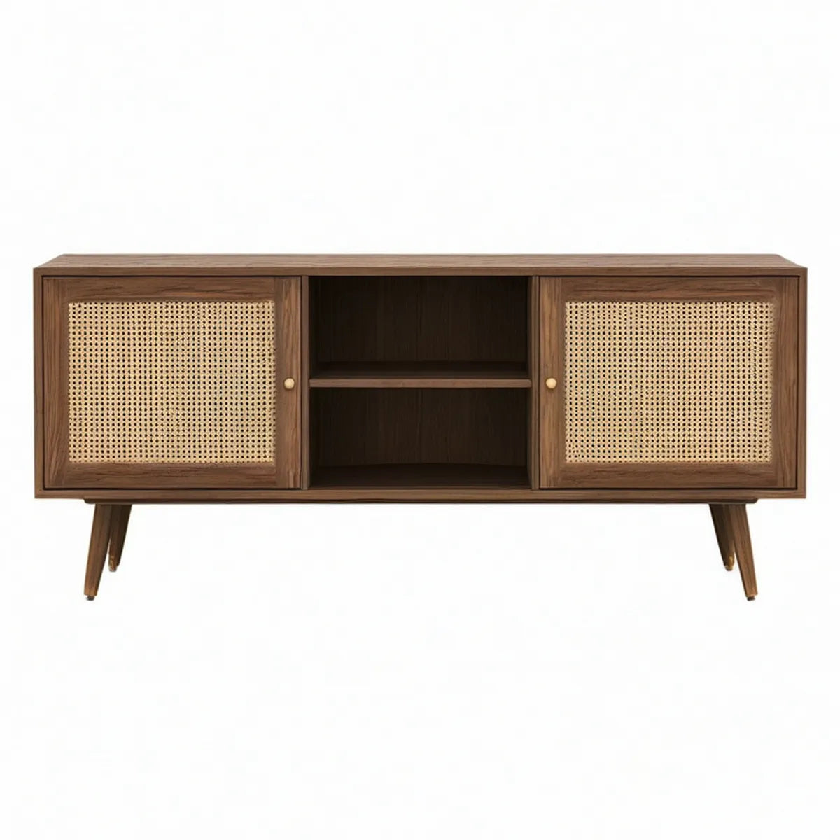 Walnut Brown Engineered Wood TV Stand with Natural Rattan Doors, 60 in W x 16 in D x 30 in H