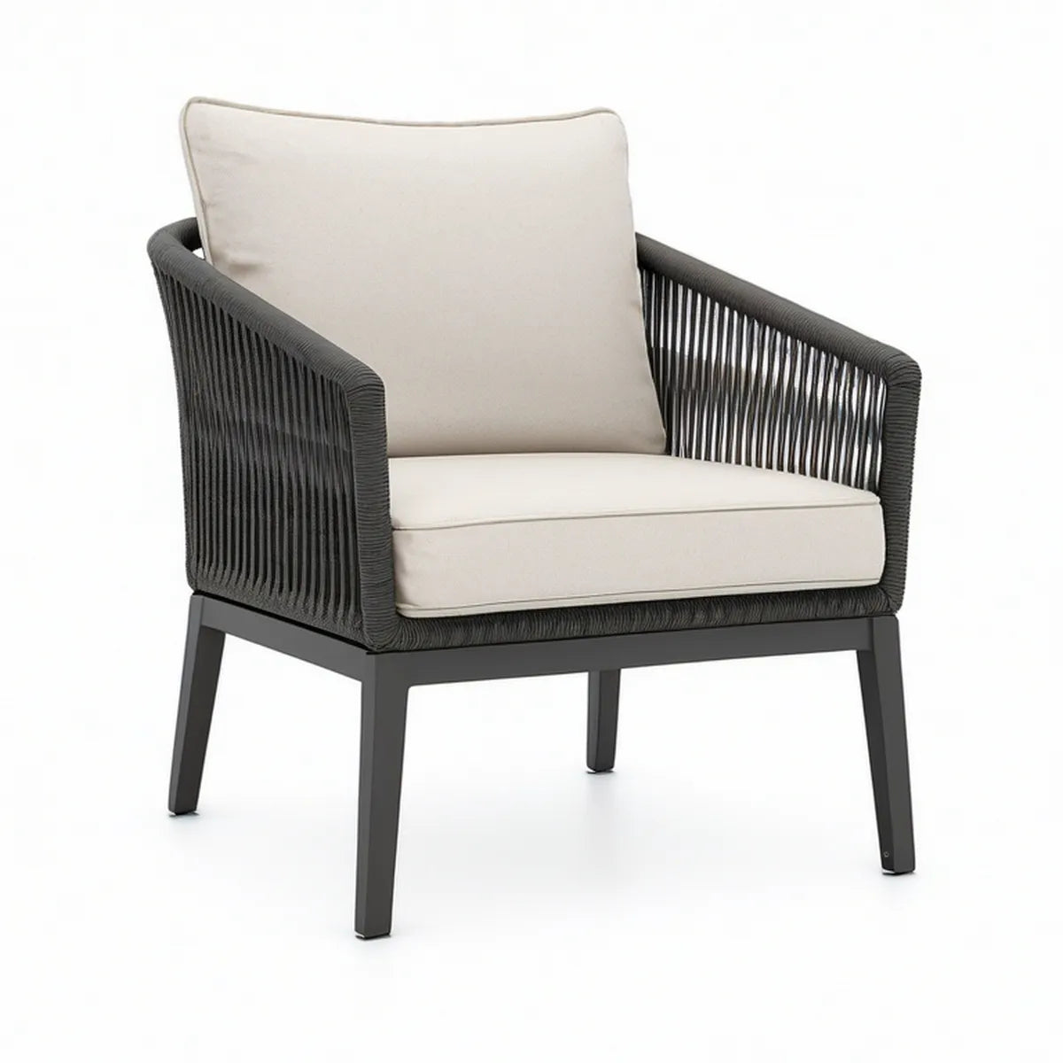 Outdoor Patio Armchair with Beige Cushions, Black Aluminum Frame and Dark Gray PE Rope, 76 x 78 x 80 cm