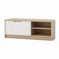 47.2 in Natural Oak and White Engineered Wood TV Stand with Fluted Sliding Door and 2 Open Shelves