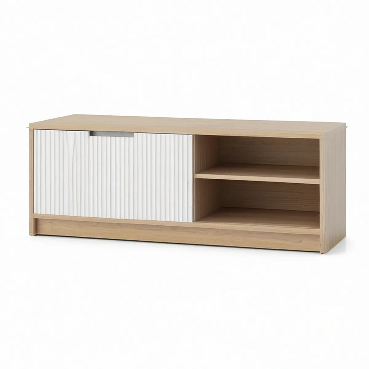 47.2 in Natural Oak and White Engineered Wood TV Stand with Fluted Sliding Door and 2 Open Shelves