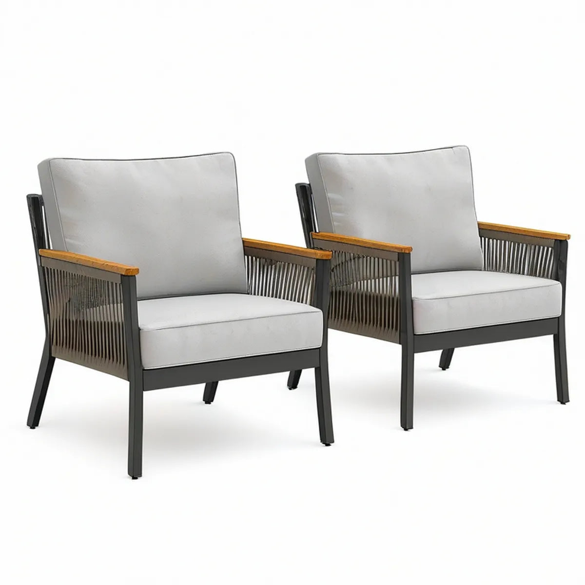 2-Piece Outdoor Patio Armchair Set, Gray Cushions, Black Steel Frame, Natural Acacia Wood Armrests, 28 x 30 x 33 in