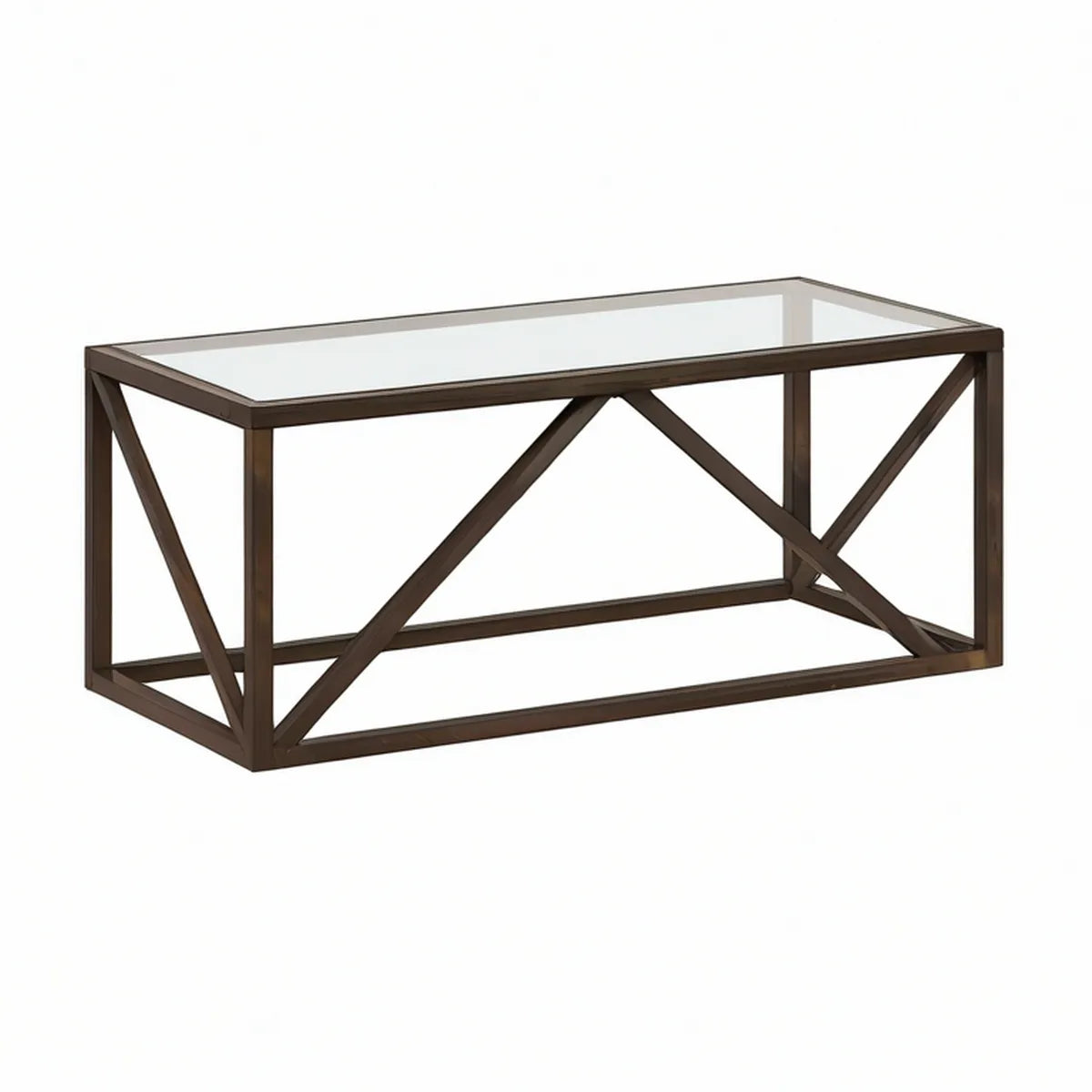Rectangular Coffee Table, 48 x 24 x 18 in, Clear Tempered Glass Top, Dark Brown Steel Frame