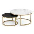 2-Piece Round Nesting Coffee Table Set, White Marble and Black Wood-Grain Tops with Gold Steel Frames, 31.5 x 17.7 in and 23.6 x 13.8 in