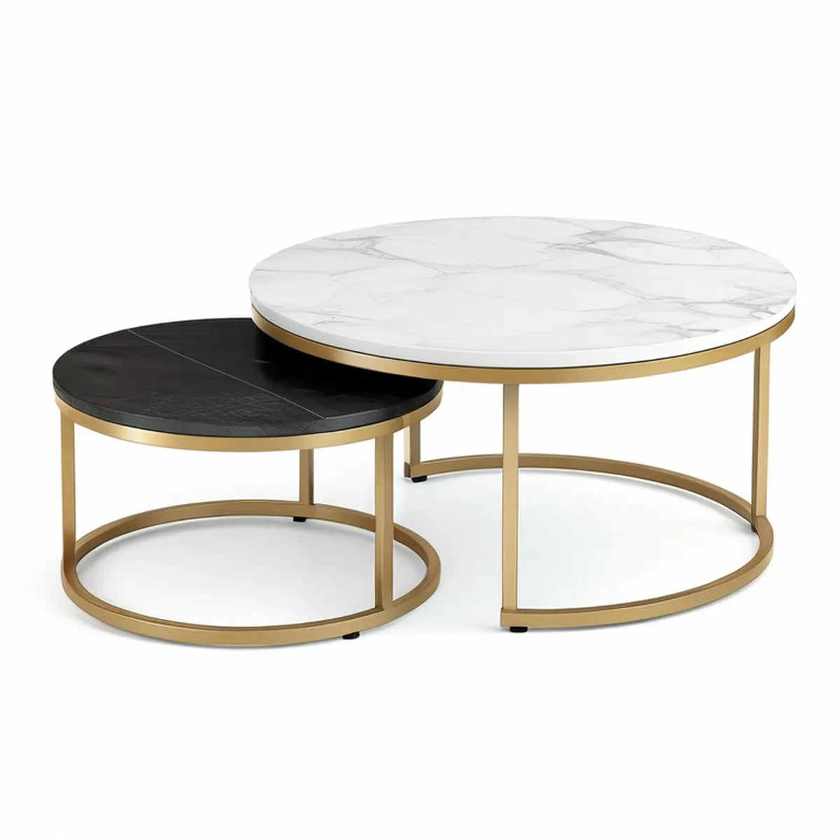 2-Piece Round Nesting Coffee Table Set, White Marble and Black Wood-Grain Tops with Gold Steel Frames, 31.5 x 17.7 in and 23.6 x 13.8 in