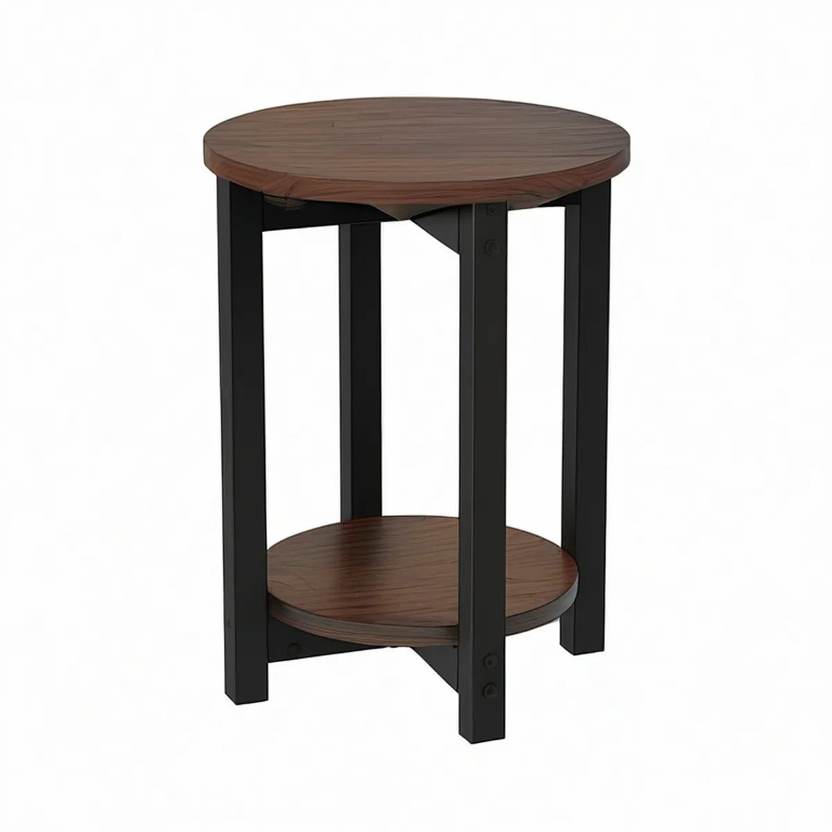 Round Side Table with Lower Shelf, 18 in Diameter x 24 in High, Walnut MDF and Black Steel