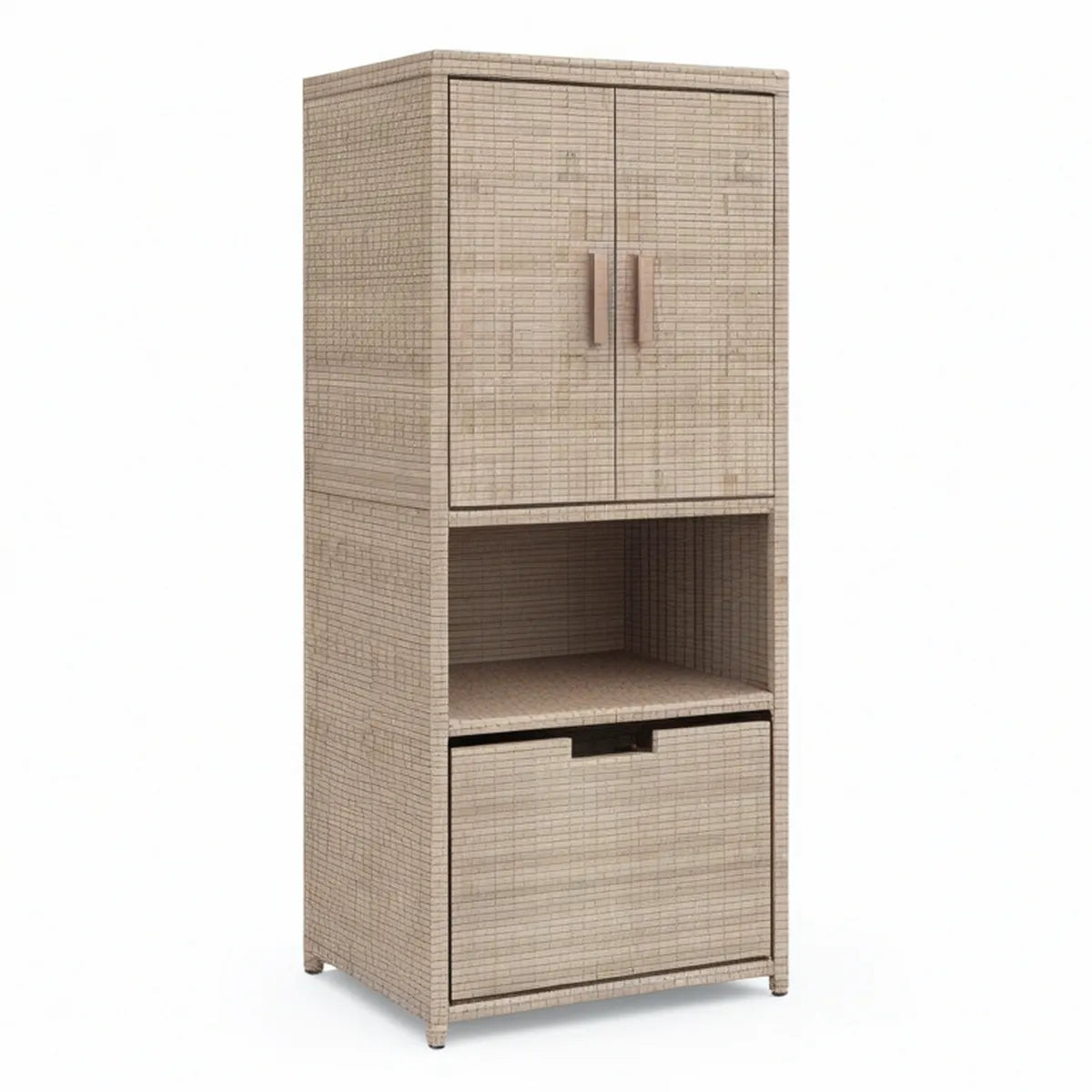 Outdoor PE Rattan Storage Cabinet with 2 Doors, Open Shelf and Lower Compartment, 31.5 x 15.7 x 70.9 in, Beige