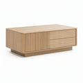 Natural Oak Rectangular Coffee Table with Slatted Door and 2 Drawers, 47.2 x 23.6 x 17.7 in