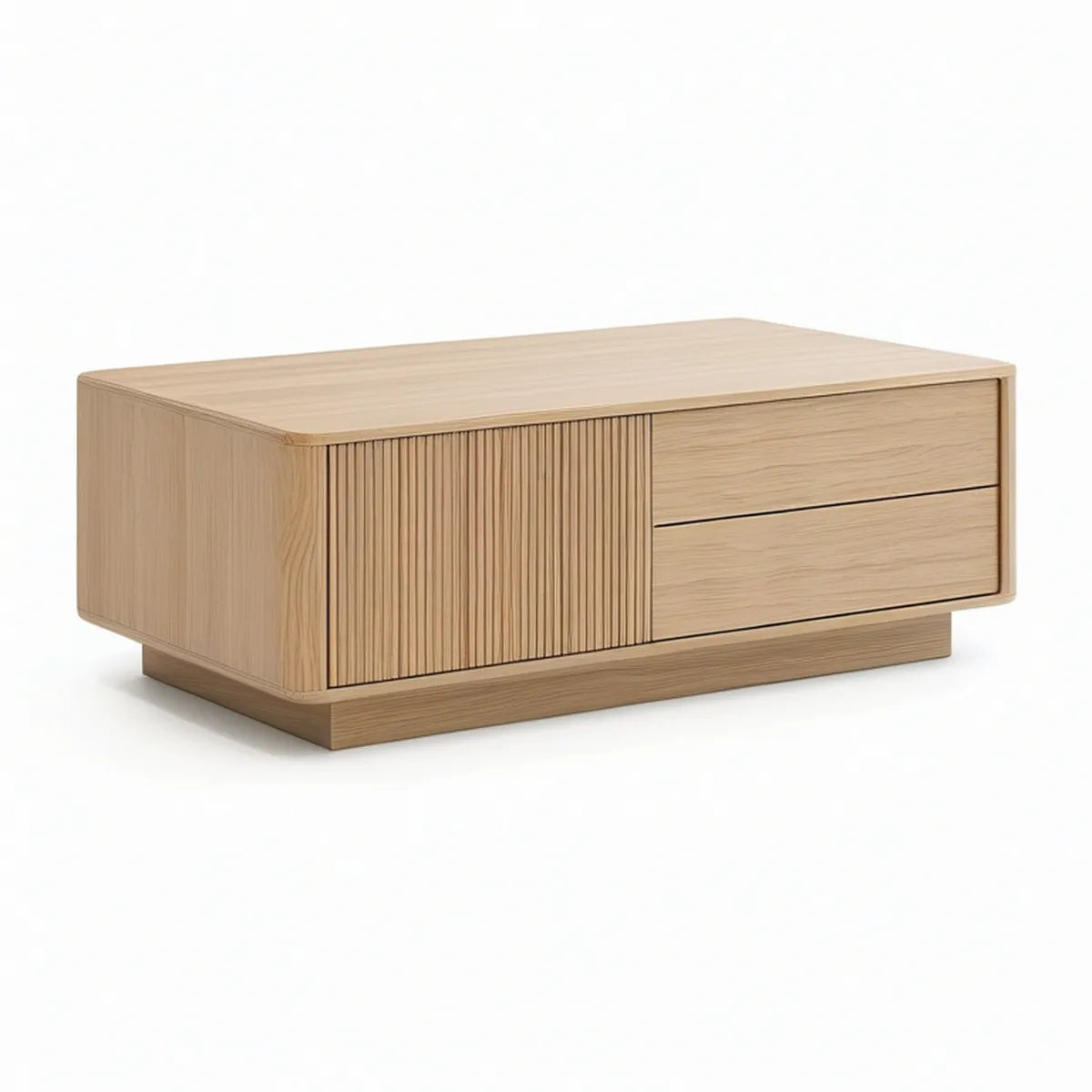 Natural Oak Rectangular Coffee Table with Slatted Door and 2 Drawers, 47.2 x 23.6 x 17.7 in